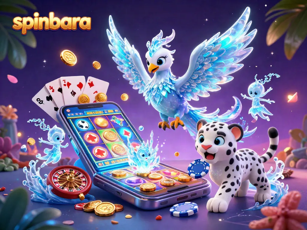 Experience spinbara's vibrant gaming adventure with ice phoenix, playful cub, and dynamic casino elements.