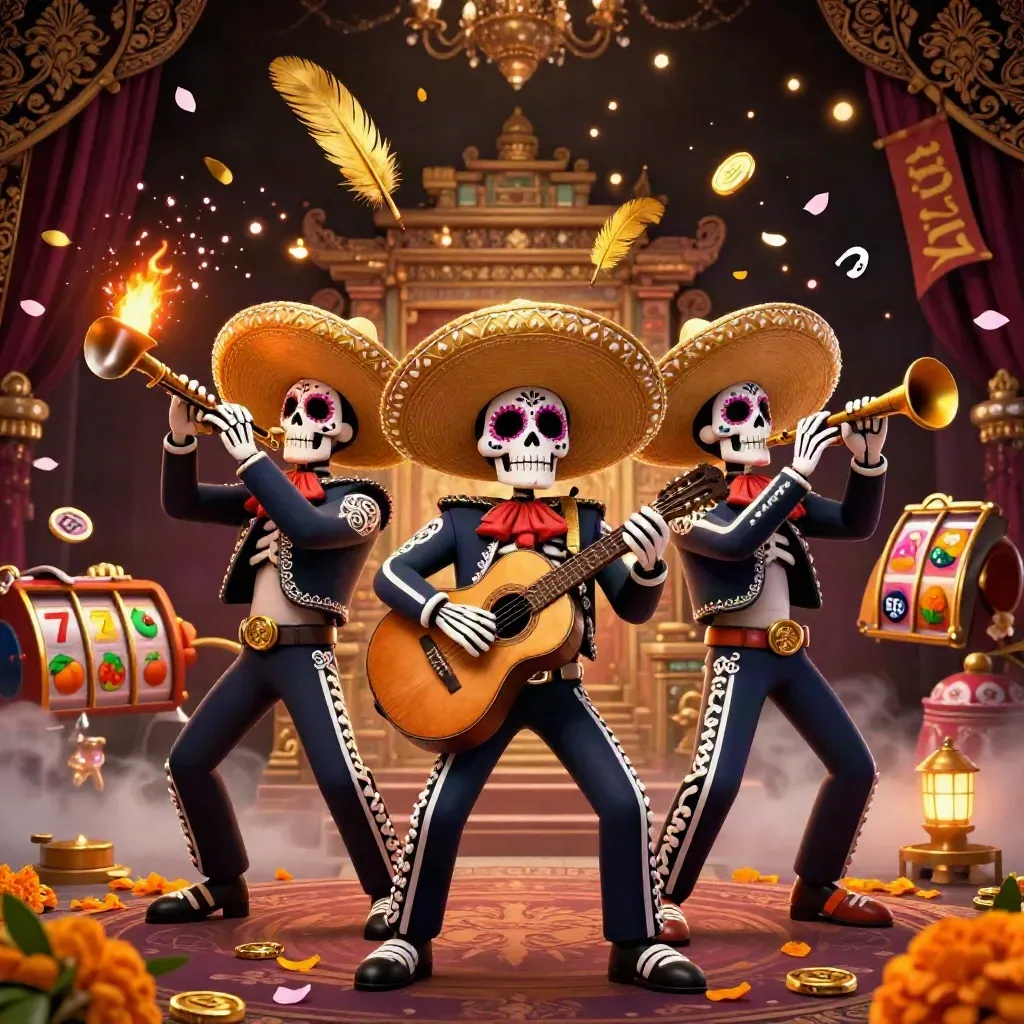 Trío de esqueletos mariachi con sombreros dorados y monedas, estilo casino premium.