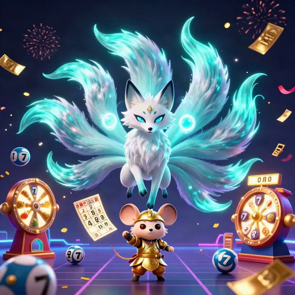 Zorro espiritual de nueve colas y ratón samurái entre luces de casino, cartas y monedas neón.