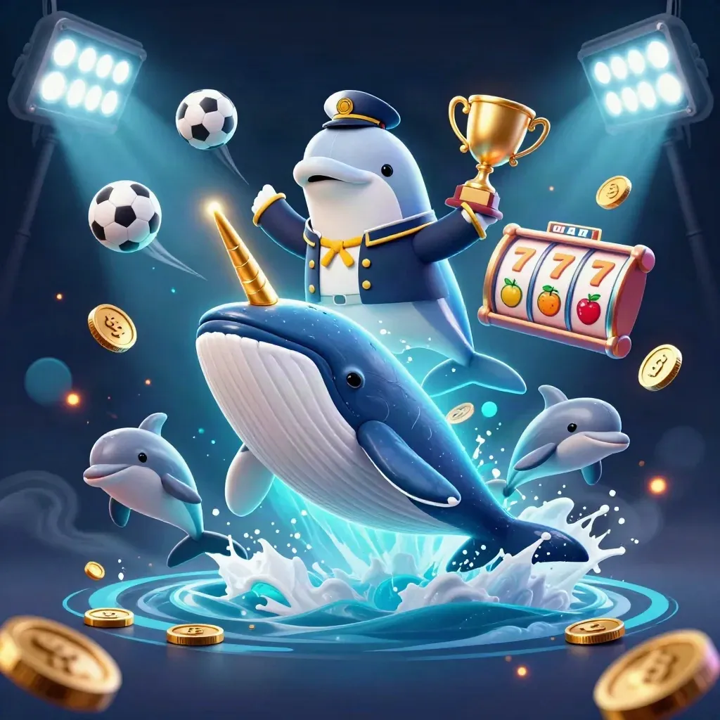 Ballena capitán, narval y delfines entre monedas, trofeos y luces de casino en azul marino y teal.