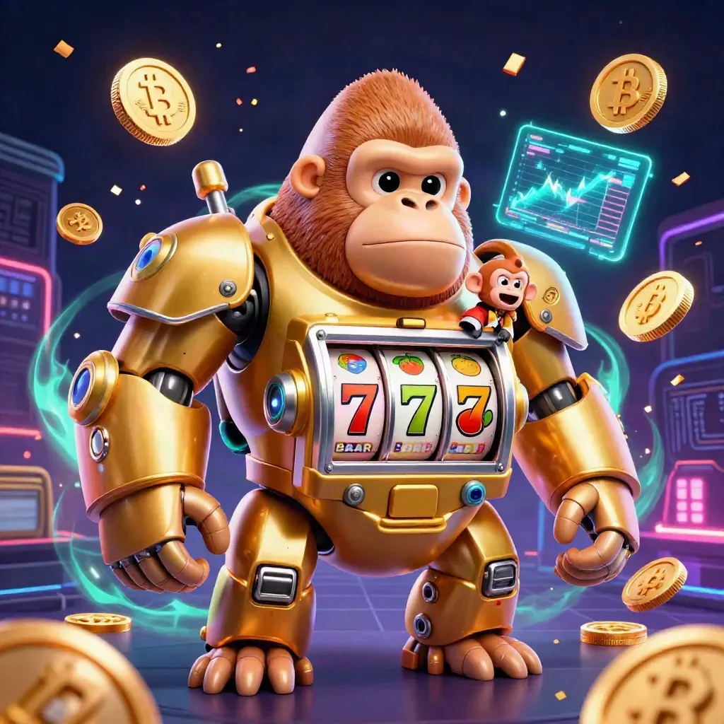 Gorila mech dorado con mono piloto, monedas cripto y luces neón en fondo oscuro.